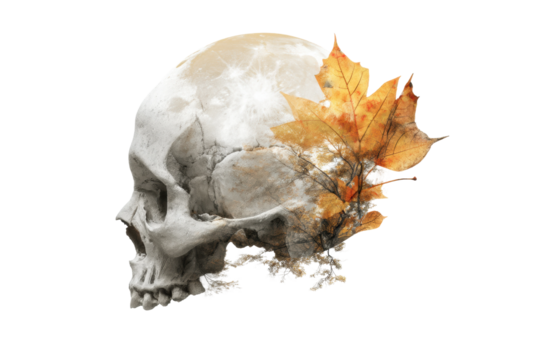 PNG Human skull with autumn leaves artwork symbolizing life and death