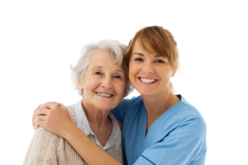 PNG Elderly caucasian woman and young caucasian female caregiver embracing