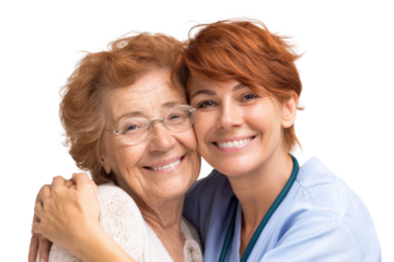 PNG Elderly caucasian woman and young caucasian female nurse embracing with joyful smiles