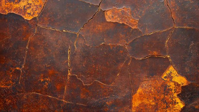 Rustic Cracked Metal Texture: A detailed close-up shot reveals the rich textures and colors of heavily rusted metal, displaying a pattern of cracks and fissures. 