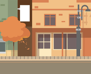 Autumn alley, empty city streets. Vector illustration of fall mood, cartoon style. Autumnal city parks road street with red trees outdoor walkway landscape