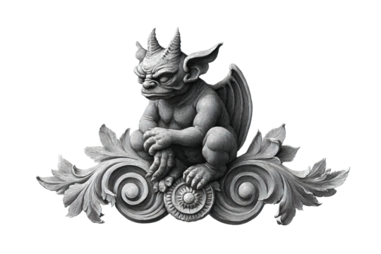 PNG Ornate stone gargoyle sculpture with wings and horns on decorative base