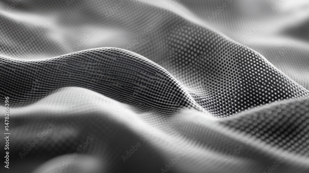 Leinwandbilder Abstract grayscale image of a textured fabric with flowing waves and a dotted pattern.