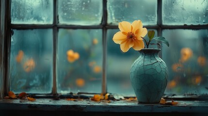 Yellow flower in a vase by a window
