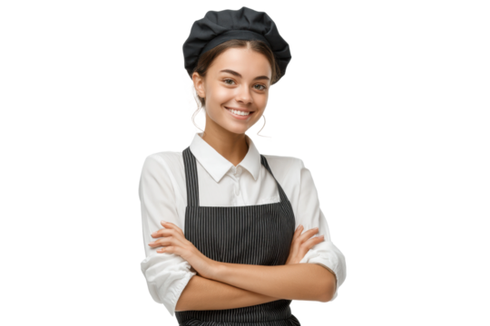 PNG Young caucasian female chef in uniform with arms crossed