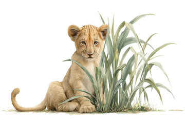 PNG Adorable lion cub sitting in tall grass