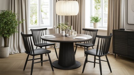 Modern dining room scene with a round table and chairs.