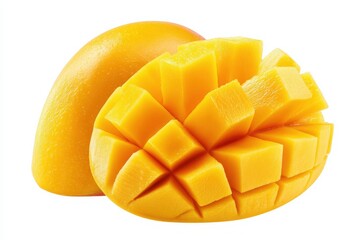Ripe mango is cut in half, revealing its juicy yellow flesh neatly diced into perfect cubes. The smooth surface gleams under bright light, emphasizing its freshness and sweetness.