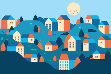 Flat illustration vector in bright colors. Geometric house background design