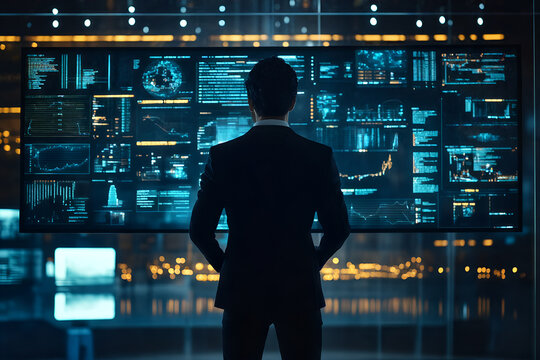 Businessman analyzing data on futuristic digital screen in high-tech office setting