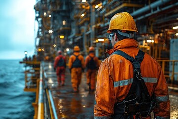 Obraz premium Offshore workers in rain gear walking on oil rig platform by the sea