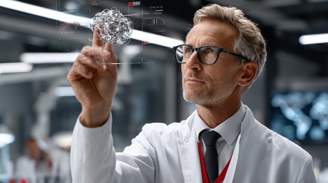 Elderly man in lab coat interacting with holographic brain in futuristic laboratory, science and research concept - Powered by Adobe