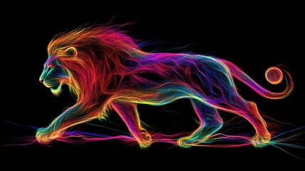 Electric Lion Art. Striking, Colorful Illustration On Black. Perfect For Backgrounds Or Bold Design Elements.