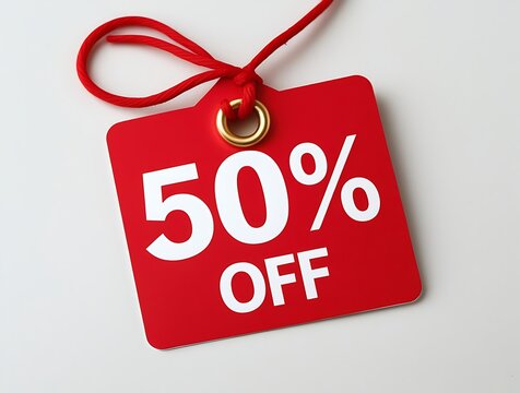 Minimal red discount label with 50% off sign, promotional tag isolated on clean backdrop, ideal for advertising, sales events, retail offers, marketing graphics, and banners


