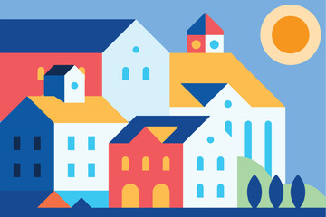Flat illustration vector in bright colors. Geometric house background design