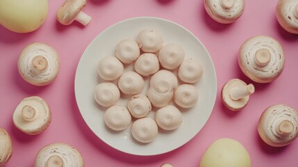 Fresh White Mushrooms on Plate Surrounded by Colorful Background and Decor
