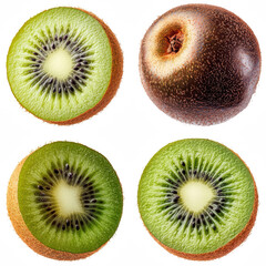 Fototapeta premium Kiwi fruit slice set on white background. Four circular cross-sections showing green flesh and black seeds. Freshness and healthy lifestyle concept. For food packaging, menus, and nutrition ads.