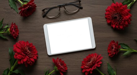 Tablet with Red Flower and Glasses on Wooden Background