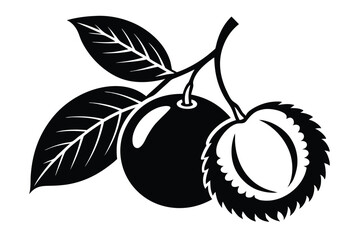 Black Silhouette of Lychee Fruits with Leaves on a Branch Icon Vector