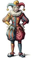 A whimsical illustration of a jester, a medieval court entertainer, in vibrant colors and intricate details, capturing the essence of a mischievous and playful character.