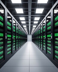 High-tech server room with modern data storage systems in a symmetrical configuration, bright lighting, and futuristic architecture for IT, cloud, and cybersecurity concepts
