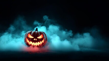 Glowing jack-o'-lantern with sinister face in dark foggy atmosphere for spooky Halloween night scene - Powered by Adobe