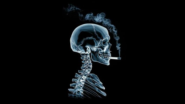 X-ray side view of human skeleton smoking cigarette with rising smoke on black background as warning