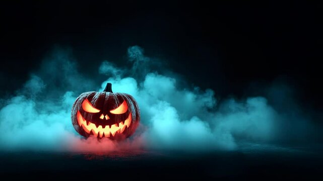 Glowing jack-o'-lantern with sinister face in dark foggy atmosphere for spooky Halloween night scene