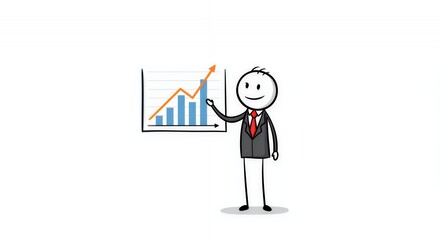 Fototapeta premium Stickman Businessman Presenting Graph with Professional Charm Isolated on White Background for Business Illustration and Finance Growth Depiction
