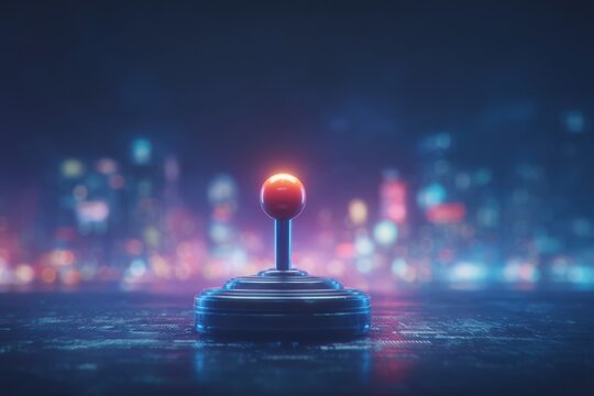 A retro joystick sits prominently on a surface, lit by a soft glow. The blurred city skyline in the background is filled with colorful lights, creating a nostalgic yet modern atmosphere.