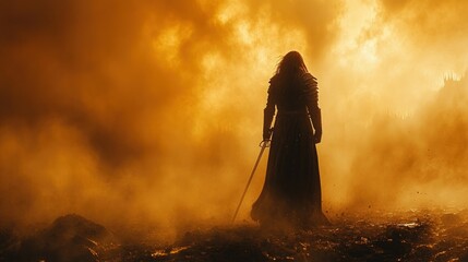Silhouetted warrior stands defiant amidst fiery clouds