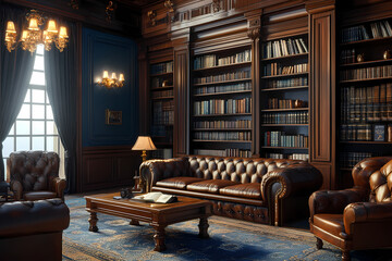 Library of Wisdom: Immerse yourself in the opulent ambiance of a classic library, where rows of leather-bound books line towering shelves, inviting exploration and intellectual pursuit. Plush seating.