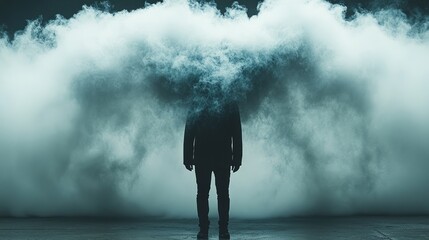 Mysterious Figure in a Fog: A solitary figure stands enveloped by a dense cloud of fog. The image evokes a sense of isolation and mystery.
