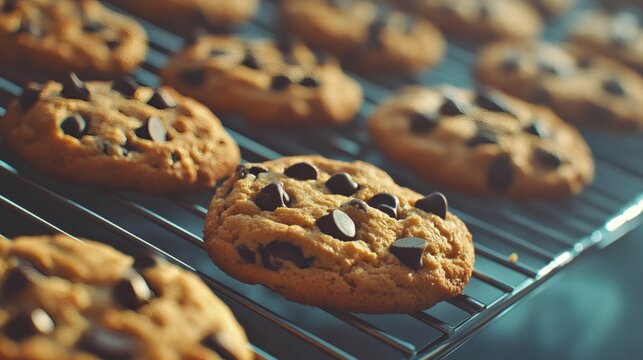 Freshly baked chocolate chip cookies cooling on a metal rack, creating a tempting and delicious display.