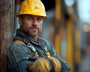 Focused worker leaning on a post