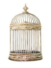 Watercolor vintage golden birdcage with ornamental top, isolated on transparent background