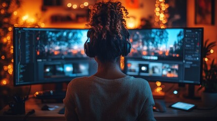 Focused creator editing video at home