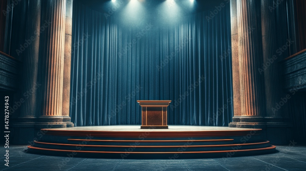 Poster empty podium on stage with curtains and pillars.