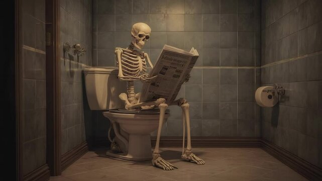 Funny skeleton sitting on toilet reading newspaper in dim bathroom with moody lighting and blue tiles