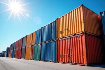 A stack of colorful shipping containers at a port, under a bright sunny sky , terminal, box