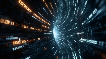 Obraz premium A digital tunnel of binary code and data streams, representing the flow of information. The tunnel glows with light