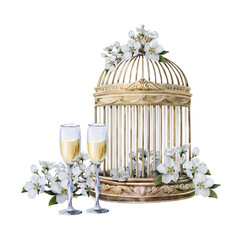 Watercolor wedding cage and champagne glasses with apple blossoms, isolated on transparent background.
