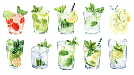 Refreshing Mint Cocktails Illustration: A collection of watercolor illustrations depicting refreshing mint cocktails, showcasing various combinations of lime, mint leaves, ice cubes.