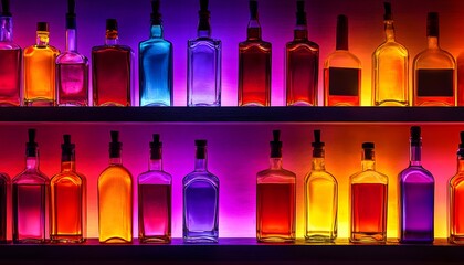 Colorful liquor bottles on illuminated bar shelves.