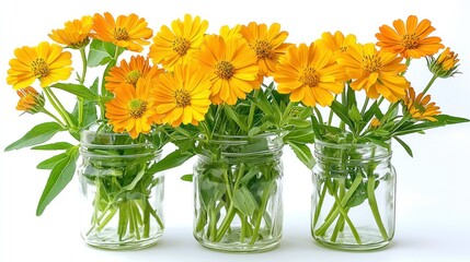 Three glass jars filled with vibrant yellow flowers