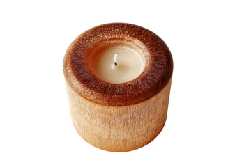 PNG Wooden candle holder with white candle on black background
