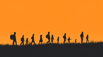 A Journey to the Horizon: A striking silhouette of a diverse group of individuals walking towards a vibrant orange sunset, symbolizing hope, progress, and a shared journey towards an uncertain future.