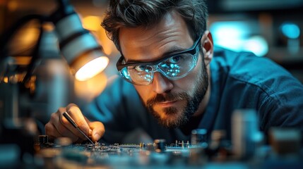 Focused technician repairs circuit board