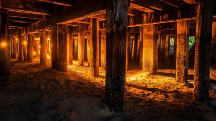 Golden Hour Pier Underneath, Illuminated Wooden Structure Beams and Sand