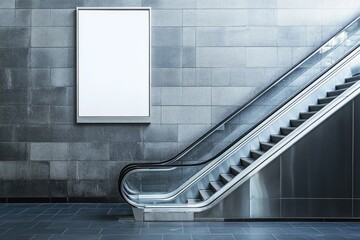 Empty billboard on a gray tiled wall beside a moving staircase